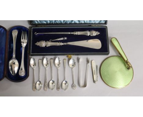 Mixed items including a cased Victorian silver christening fork and spoon, silver spoons and fruit knife etc.