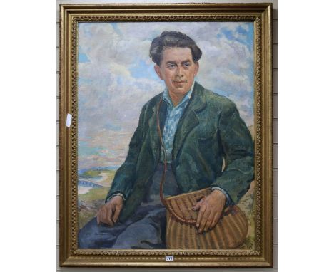 Herbert Ashwin Budd (1881-1950) Portrait of a man holdinga fishing creel, signed, 90 x 70cm.