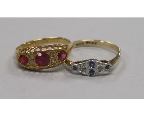 An early 20th century 18ct gold and gem set ring and a 1920's 9ct gold and gem set ring.