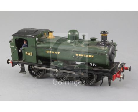 A scratch built O gauge Pannier tank GWR locomotive 0-6-0, number 3698, green livery, 3 rail, 23cm