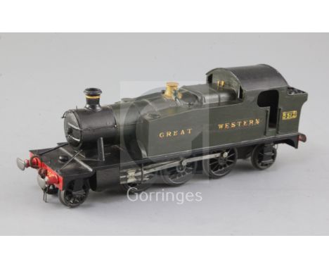 A G.A. Elliott O gauge 2-6-2 Great Western Prairie (5512 class) tank locomotive, green livery, 3 rail, 26cm