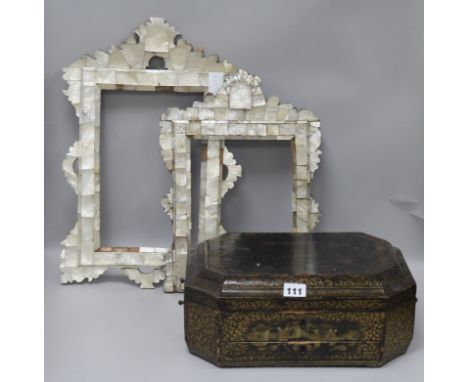 Two Jerusalem mother of pearl frames and a Chinese laquered work box W.34cm. H.15cm.