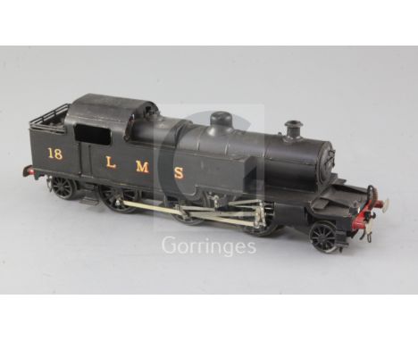 A scratch built O gauge 2-6-2 LMS tank locomotive, with Maxwell Reed motor, number 18, LMS black livery, 2 or 3 rail with ska