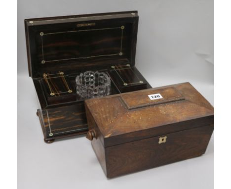 A William IV calamander and mother of pearl inlaid sarcophagus tea caddy, with canisters flanking a glass mixing bowl H.18cm.