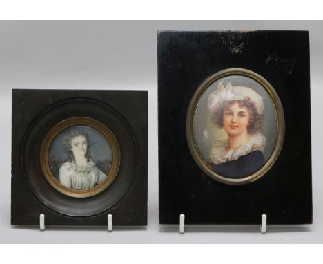 A 19th century portrait miniature on ivory of 'Dame Angleique de Oultremer de Marigot', 5.5cm. and a Paris porcelain miniatur