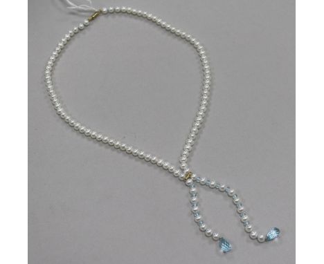 A single strand freshwater pearl and blue topaz tassel drop necklace, with 9ct gold clasp, approx. 60cm.