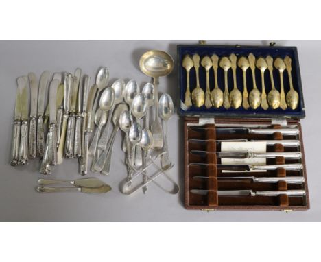 Two cased sets and a small quantity of assorted silver flatware including teaspoons, butter knives and sauce ladle. weighable