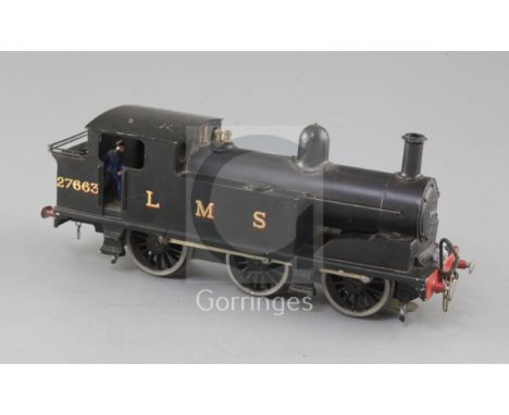 A Bonds? LMS O gauge 0-6-0 tank locomotive, number 27663, black livery (Bonds Motor), 3rd rail, 23cm