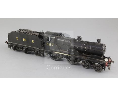 A scratch built O gauge 4-4-0 tender locomotive, compound number 567, LMS black livery, 3 rail, overall 39cm