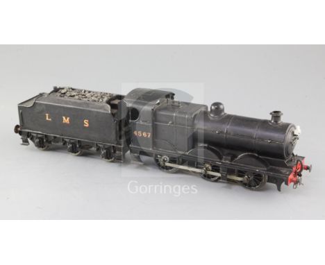 A scratch built O gauge 0-6-0 LMS locomotive and tender, number 4567, black livery, 3 rail with skate, 39cm