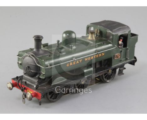 A scratch built O gauge tank Pannier GWR locomotive 0-6-0T, number 9716, green livery, 3 rail with skate, 22cm