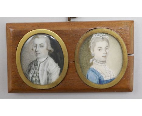 A pair of George III portrait miniatures of Sir Phillip and Lady Monoux of Wooton House, Bedford 3.5 x 2.75cm.