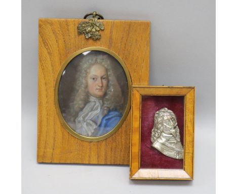 A silver? portrait relief of Charles II? and an oil on copper portrait of an early 18th C gentleman