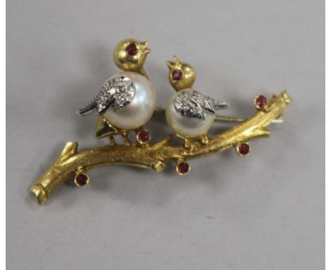 A modern 18ct gold, cultured pearl, diamond and gem set brooch, modelled as two birds upon a branch, 41mm.