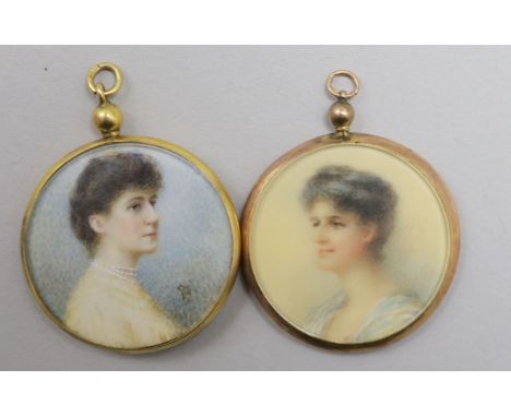 Two gold framed portrait miniatures on ivory, c.1900 3cm.