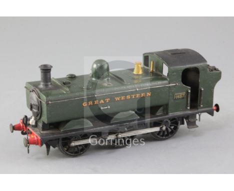 A scratch built O gauge GWR Pannier tank locomotive 0-6-0, number 4657, green livery, 3 rail, 22cm