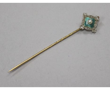 An early 20th century yellow metal, enamel, seed pearl and diamond stick pin, 69mm.