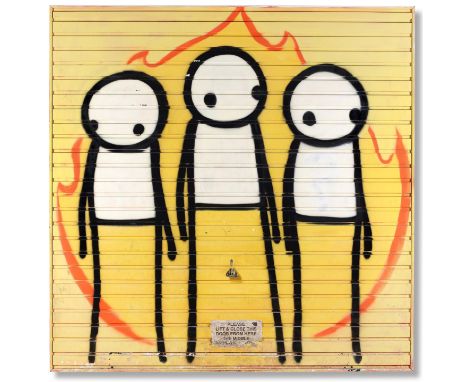 STIK (B. 1979)Children of Fire 2011 spray paint on steel garage door 211.3 by 211.2 cm.83 3/16 by 83 1/8 in. This work was ex