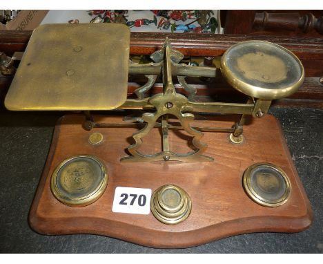 Victorian brass and mahogany letter scales with weights