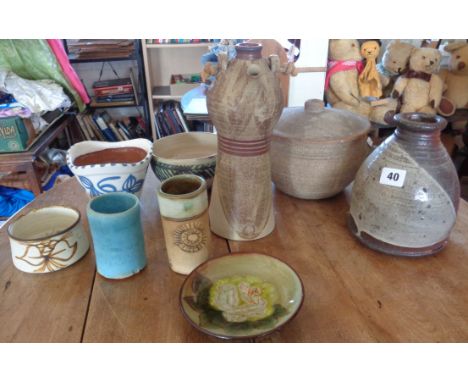 Studio Pottery - a Leach pottery, St. Ives stoneware lidded casserole, a Dorothy Gorst reduced stoneware bottle vase, a Norwe