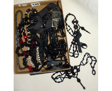 Various vintage black glass beaded necklaces