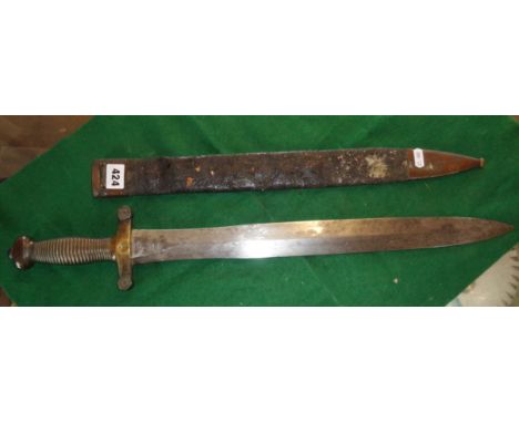 A French 1831 pattern sidearm scabbard with brass one piece grip cross guard and pommel, steel Gladius type blade stamped 'Ta