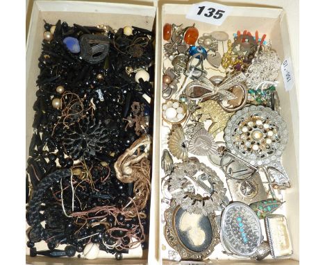 Two boxes containing antique and vintage silver jewellery etc and loose Victorian mourning beads