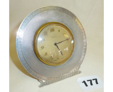 Machine engraved silver strut clock hallmarked for Birmingham 1927, Docker &amp; Burn Ltd, approx 9cms high (working)