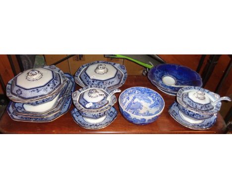 Victorian flo-blue dinnerware inc. four tureens and three meat plates, a Spode bowl, etc.