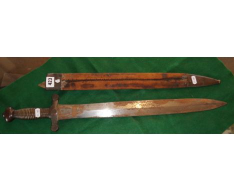 A French 1831 pattern sidearm scabbard with brass one piece grip cross guard and pommel, steel Gladius type blade stamped 'Ta