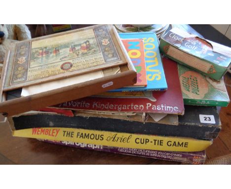 Assorted board games, inc. cardboard clock golf, Victorian German bridge building brick set by Richter (with instruction book