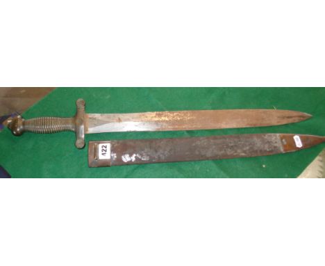 A French 1831 pattern sidearm scabbard with brass one piece grip cross guard and pommel, steel Gladius type blade stamped 'Ta