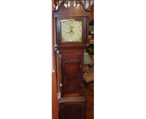 19th c. 30 hour oak grandfather clock by H. Rowley of Shrewsbury with painted dial and date chapter ring having swan necked p