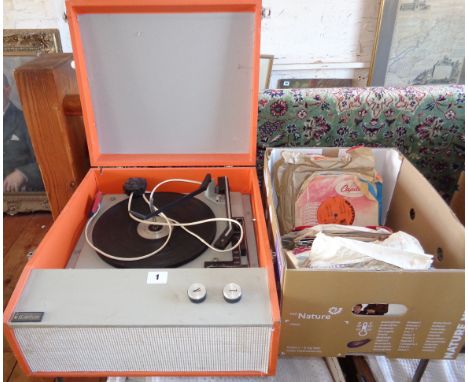 Dansette-style Steepletone record player in orange and grey vinyl together with a collection of EPs and singles, inc. Beatles