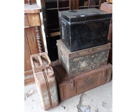 Rusty steel ammunition box, similar jerry can and two tin Deed boxes