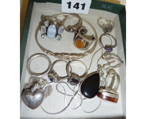 Vintage silver modernist style rings and other jewellery, some marked as 925 and some with amber stones