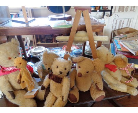 Seven various plush Teddy Bears inc. Chad Valley, a 'Growler' and a Sooty hand puppet and two teddy bear coat hangers