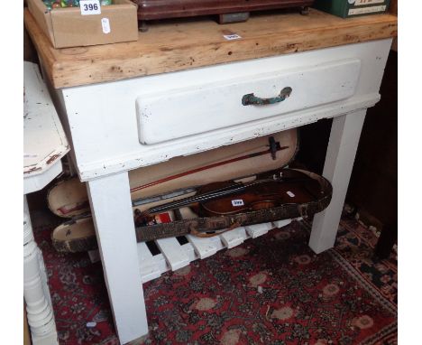Vintage painted pine kitchen chopping block with drawer under