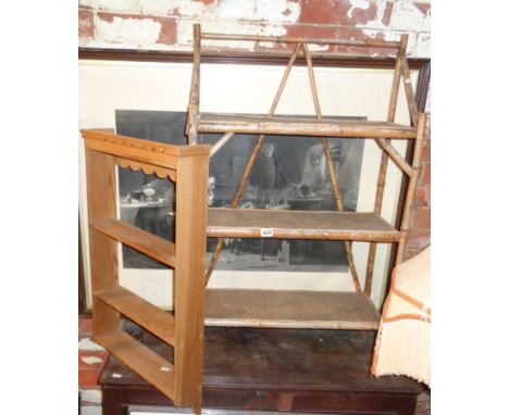 Three tier bamboo and rattan wall shelf and a small pine shelf