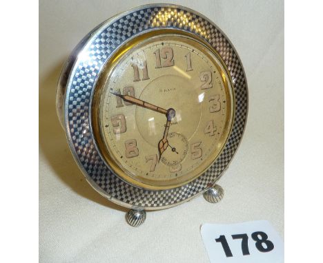 Art Deco Eterna silver niello framed strut clock, marked as '.900', approx 8.5cms high (working)
