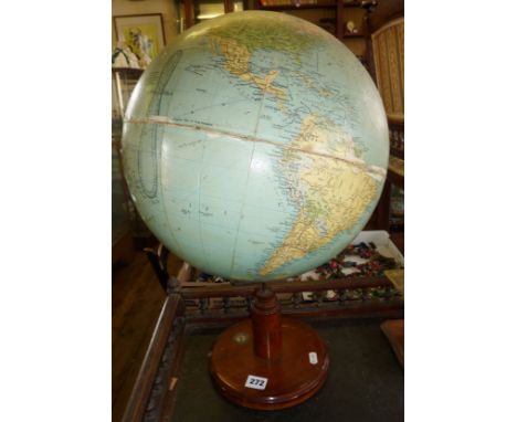 Large Philips Challenge Globe on wooden base with inset compass, dia 13.5"