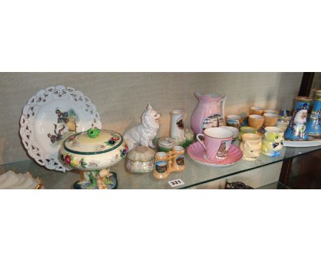 Shelf of assorted china, inc. Noritake, Victorian souvenir china, egg cups, etc.
