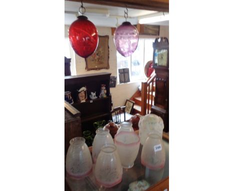 Two large engraved Victorian hanging glass ornamental baubles, set of six stencilled glass light&nbsp;shades and another Art 
