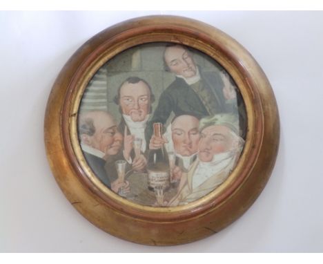 A circular ceramic group portrait plaque painted by Walter Harrowing (animal painter 1838-1913) promoting Moet & Chandon, a g