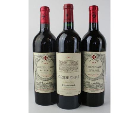 3 Bottles Mixed Lot fine 2001 Vintage Pomerol Comprising 2 bottles Chateau Gazin together with 1 bottle Chateau Rouget       