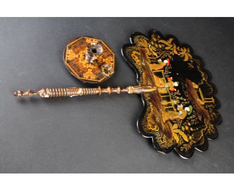 A Victorian lacquered papier mache hand fanHaving chinoiserie and gilt decoration, length 35cm together with a Victorian Tunb