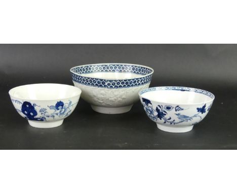 Three Liverpool 18th Century blue and white bowlsTo include a Pennington example having relief moulded floral sprays and flut
