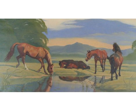 Kathleen Margaret Pearson (1898-1961) - 'Wild Horses Watering'Oil on canvas, signed, bears remnants of old label verso and ha