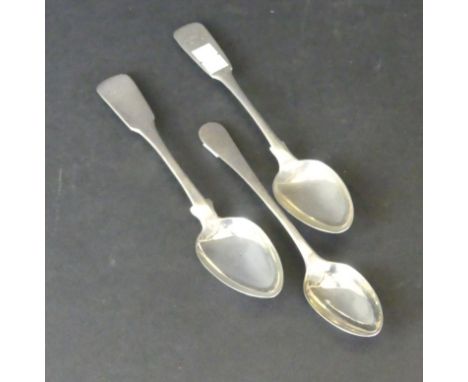 A collection of three provincial silver spoonsThe first, an early 19th Century Scottish silver dessert spoon, of fiddle patte