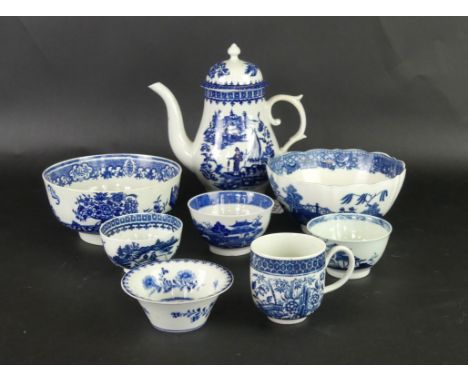 Eight pieces of 18th Century blue and white To include coffee pot of baluster form, possibly Liverpool, height 19cm, slop bow